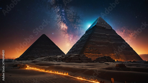 Immerse yourself in the rich culture and history of Ancient Egypt as you witness the grandeur and beauty of the pyramids and a splendid starry night sky with the cosmic universe.

 photo