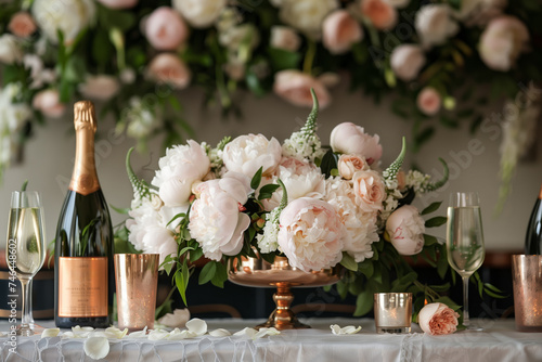Table decorated with beautiful delicate flowers with a bottle of champagne and glasses, table setting for a holiday, wedding