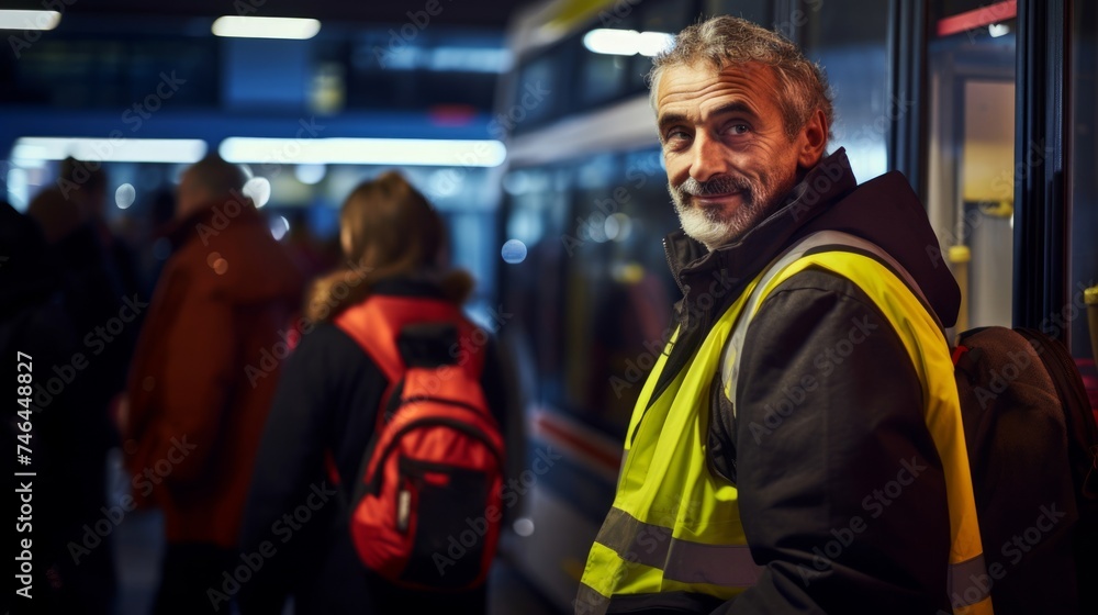 Portrait of bus operator managing busy terminal passengers queuing