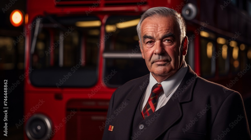 Portrait of senior bus driver in 60s beside historic double-decker bus