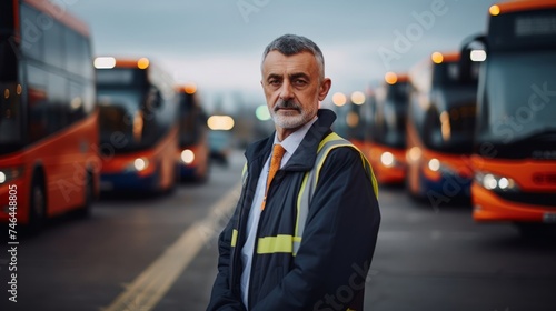 Intense portrait of experienced bus driver outside bus depot line of parked buses soft diffused lighting