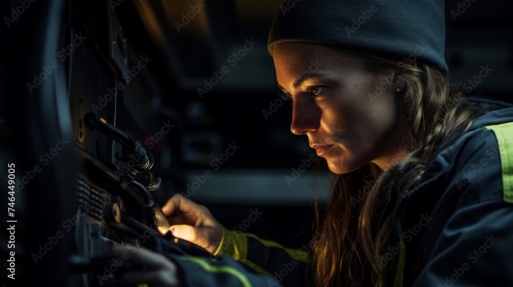 Bus driver checks engine oil level close-up Bus driver checks engine oil level close-up