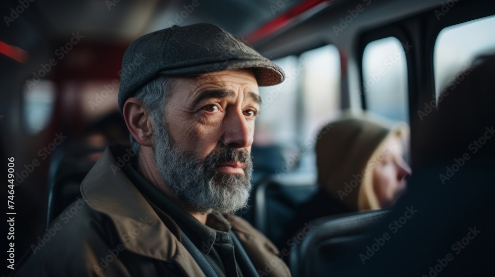 Bus driver announces next stop to passengers engaging close-up portrait Bus driver announces next stop to passengers engaging close-up portrait