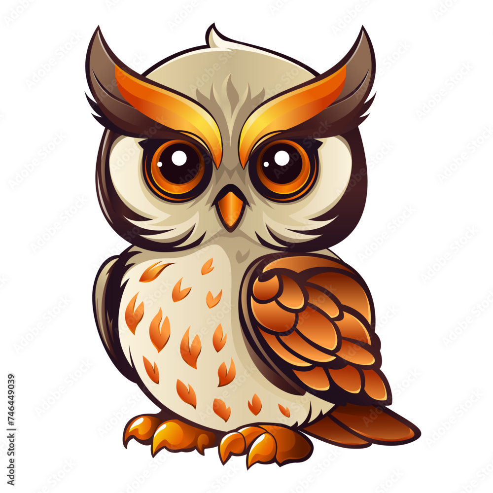An owl with big beautiful eyes. The owl is standing. Bird wise owl. Vector isolated illustration on white background An owl with big beautiful eyes. The owl is standing. Bird wise owl. Vector isolated illustration on white background