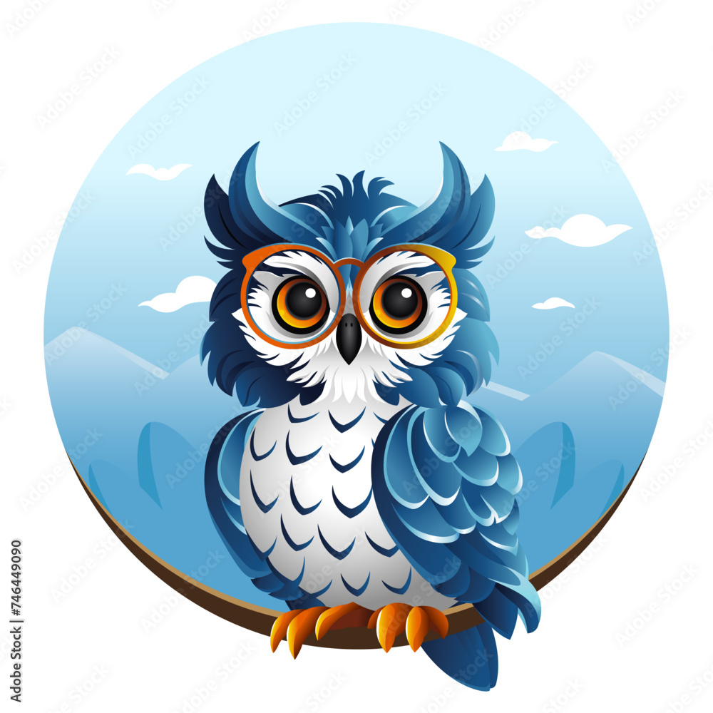 A blue-white owl in glasses sits on a branch against the background of nature.. The wise owl bird. Vector isolated illustration on white background