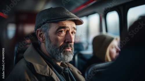 Bus driver announces next stop to passengers engaging close-up portrait