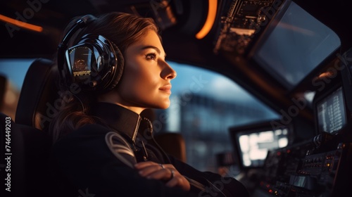 Close-up portrait of detail-oriented female pilot framed by cockpit controls and navigation screens bathed in warm golden lighting photo