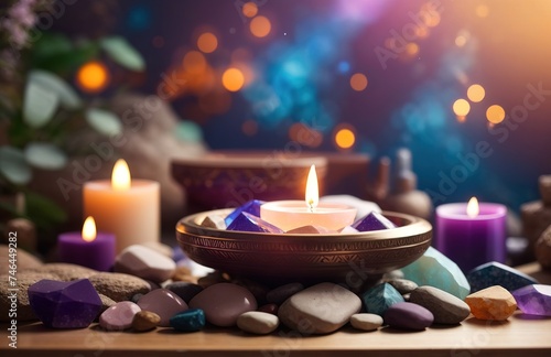 Creating sacred meditaion space with candle and crystal good vibes for home