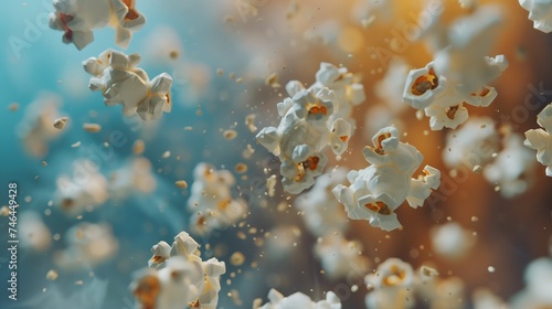 Popcorn flies in the air. It hits and crushes into small pieces, with vivid colors and a shallow depth of field.