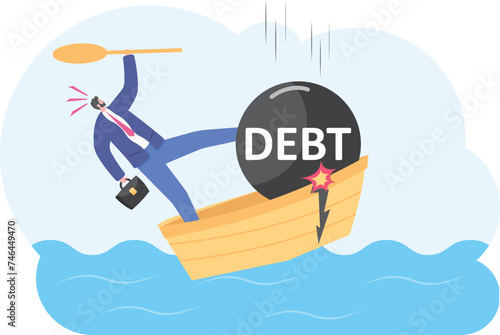 Businessman in a sinking boat with heavy taxes. illustration vector cartoon.

