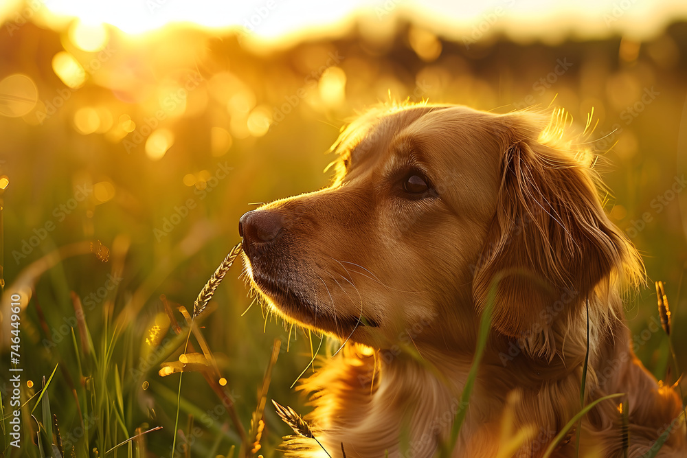 Sundown Scout: Dog Gazing Across a Grassy Field Bathed in the Warm Light of Sunset