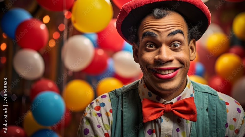 Colorful clown with big smile in vibrant circus setting Colorful clown with big smile in vibrant circus setting