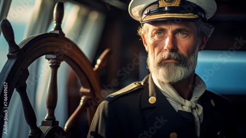 Inquisitive captain framed by ship's wheel and coastal vista
