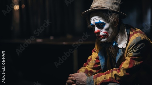 Clown with tear-shaped makeup sits alone in dimly lit room