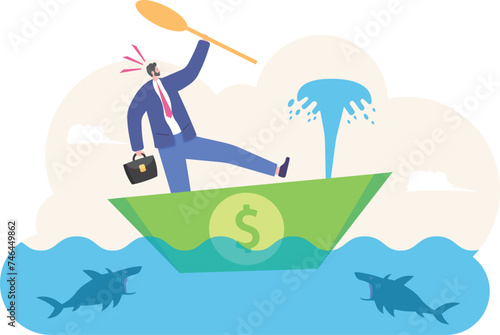 Businessman sitting in a leaking money banknote boat. illustration vector cartoon.

