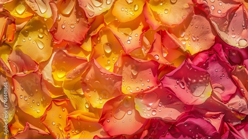 Rose petals pattern overcrowded with a few water drops. Photorealistic. Fine exposure on a sunny day.