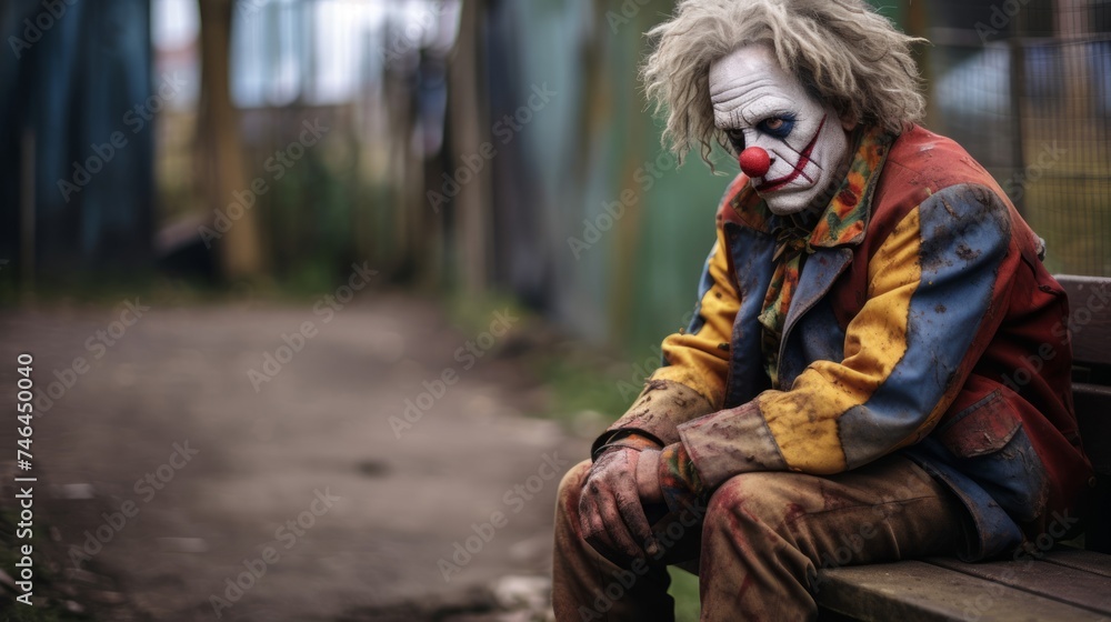 Obraz premium Sad clown sits on park bench in urban setting with bleak surroundings