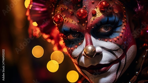 Intense close-up of clown's face preparing for magical trick under spotlight