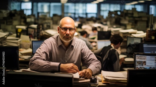 Journalistic photographer with press pass captures newsroom atmosphere with camera