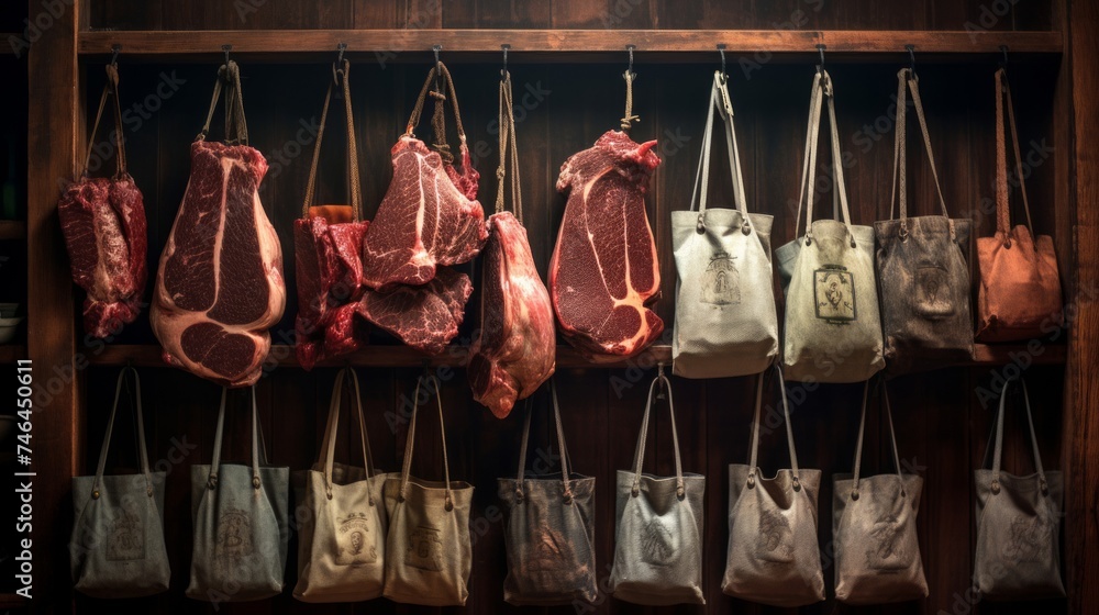 Close-up capturing details of butcher's apron against wooden wall adorned with antique cleavers - obrazy, fototapety, plakaty 
