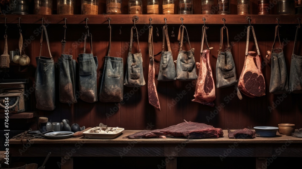 Details of butcher's apron against wooden wall with antique cleavers in soft lighting - obrazy, fototapety, plakaty 