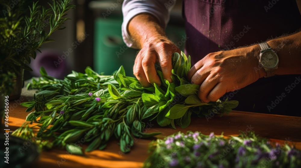 Close-up of butcher expertly tying bouquet garni of fresh herbs under focused daylight