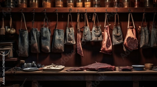 Details of butcher's apron against wooden wall with antique cleavers in soft lighting