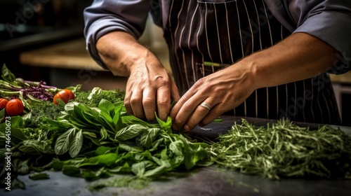 Butcher expertly ties bouquet garni of fresh herbs for savory stew under focused daylight photo