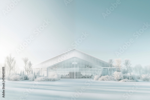 White and modern futuristic farm building, at winter. Clean minimalistic composition.
