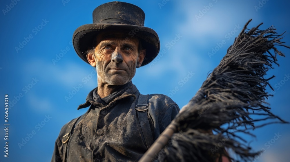 Close-up portrait of resilient chimney sweep holding chimney brush laden with dark ashes