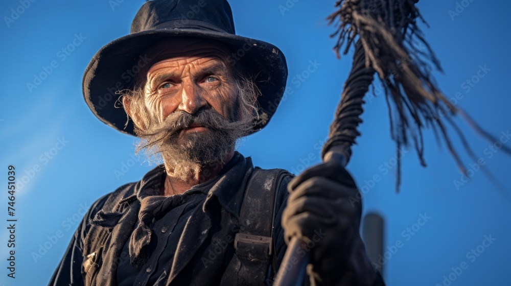 Close-up portrait of resilient chimney sweep holding slender chimney brush with dark ashes