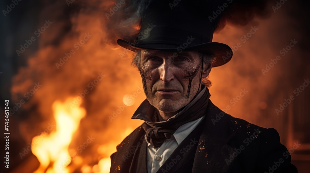 Portrait of determined chimney sweep emerging from smoky chimney with hints of smoke and embers Portrait of determined chimney sweep emerging from smoky chimney with hints of smoke and embers