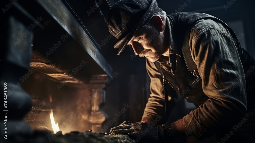 Close-up capturing chimney sweep's skilled hands dismantling fireplace with soot-covered tools