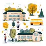 School theme set. Back to school, school building, school kids and other elements. Vector illustration