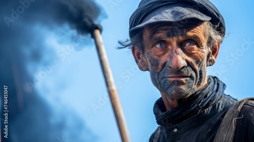 Close-up portrait of resilient chimney sweep covered in soot holding chimney brush with dark ashes