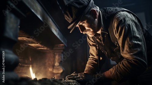 Close-up capturing chimney sweep's skilled hands dismantling fireplace with soot-covered tools