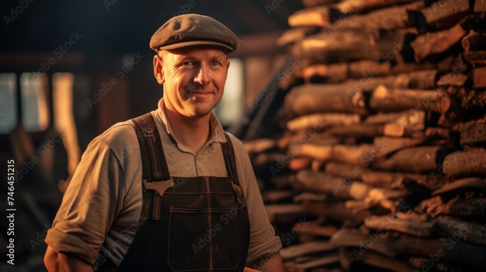 Portrait of dedicated chimney sweep stands amidst stacks of logs and firewood illuminated by early evening light