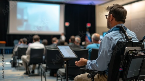 Inventor with disability presenting accessible tech at a conference innovation and inspiration