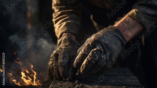 Close-up of chimney sweep's hands covered in soot as he removes creosote buildup from chimney