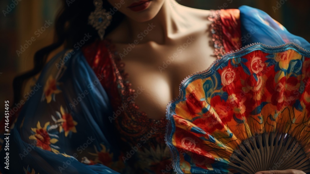 Intricate details of flamenco dancer's flamboyant fan - obrazy, fototapety, plakaty 