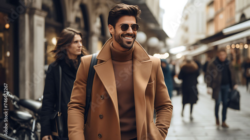 Handsome Latino man with model looks, shopping at high-end boutiques in the streets .