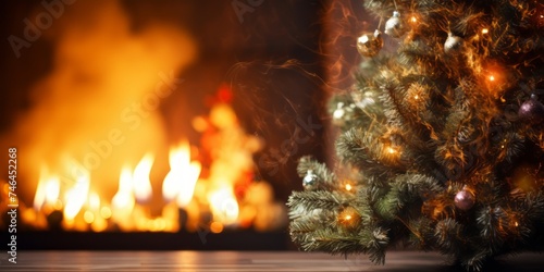 Christmas tree in front of a burning fireplace. Christmas and New Year concept