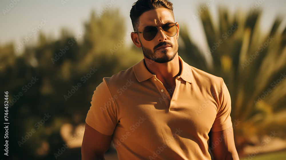 Handsome Latino man with model looks, spending the day on a private golf course. Handsome Latino man with model looks, spending the day on a private golf course.