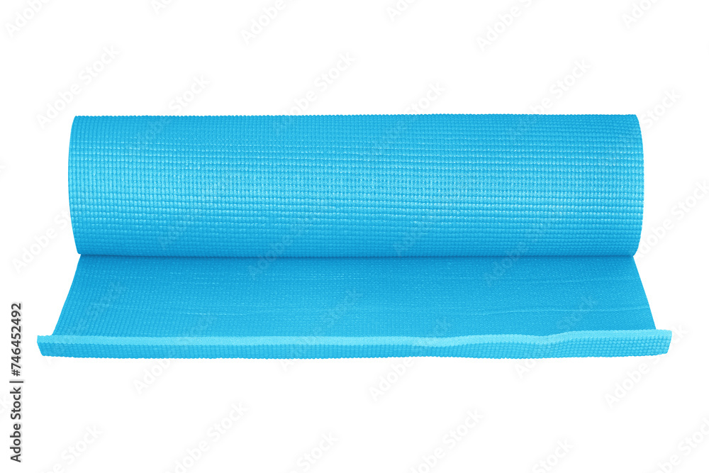 Obraz premium Light blue yoga mat isolated on white background.