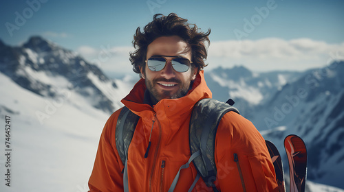 Handsome Latino man with model looks, skiing in the Alps.