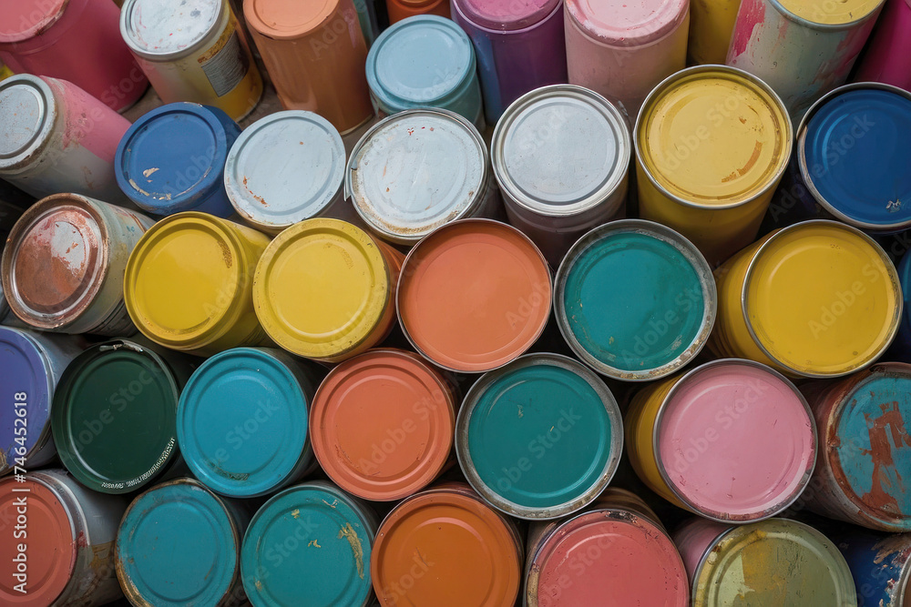 A bright rainbow image for advertising, tin cans with multi-colored paint standing on a white background. Pastel shades, rainbow colors, repair tools. A bright rainbow image for advertising, tin cans with multi-colored paint standing on a white background. Pastel shades, rainbow colors, repair tools.