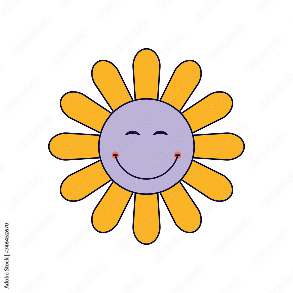 Groovy Cartoon sunflower cute smile flower characters purple yellow