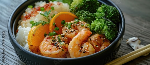 Spicy shrimp bento with tangerine and broccoli on a lotus leaf bun.