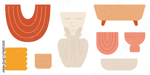 Vector set of empty ceramic pots. Flat style pots for plants set