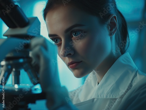 Woman in white coat behind microscope in medical laboratory